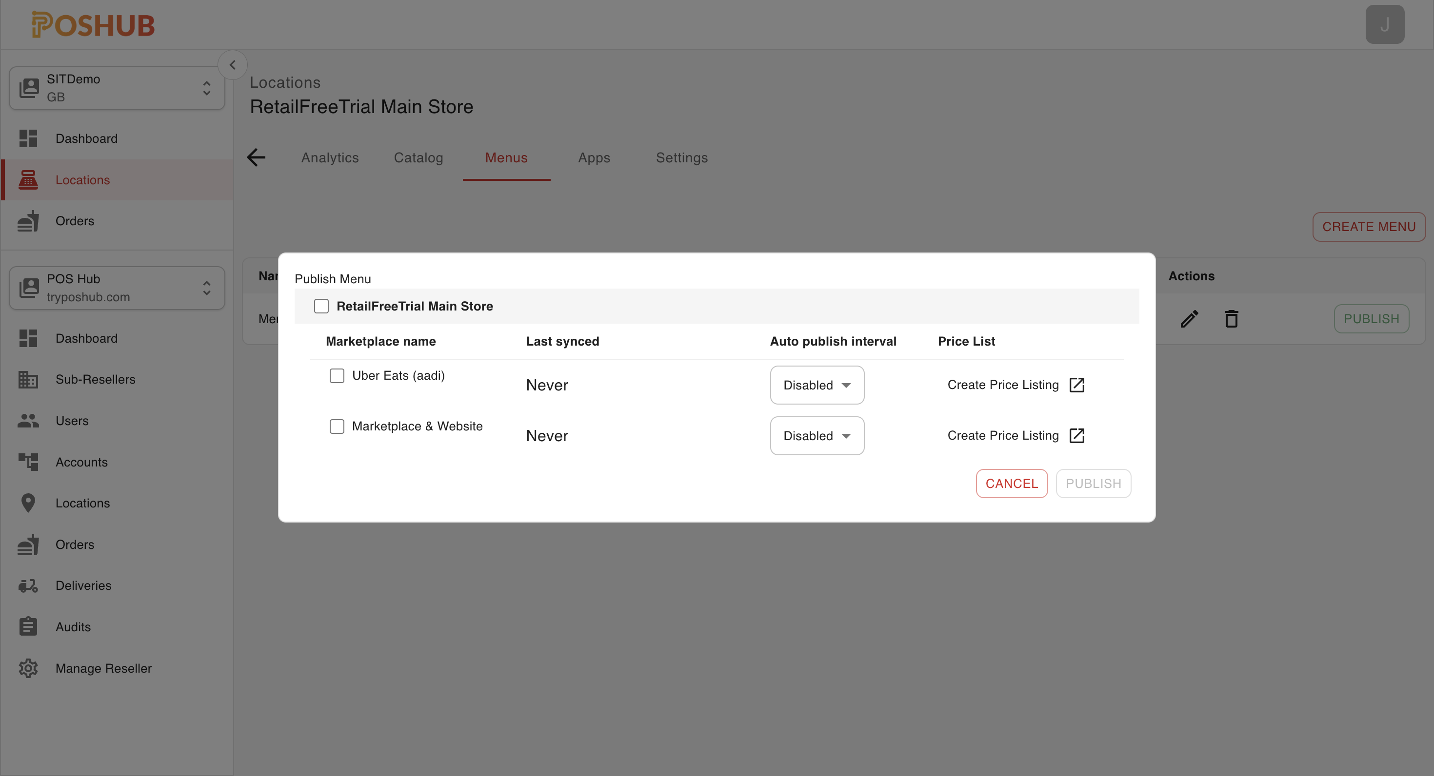 Publish Menu Popup